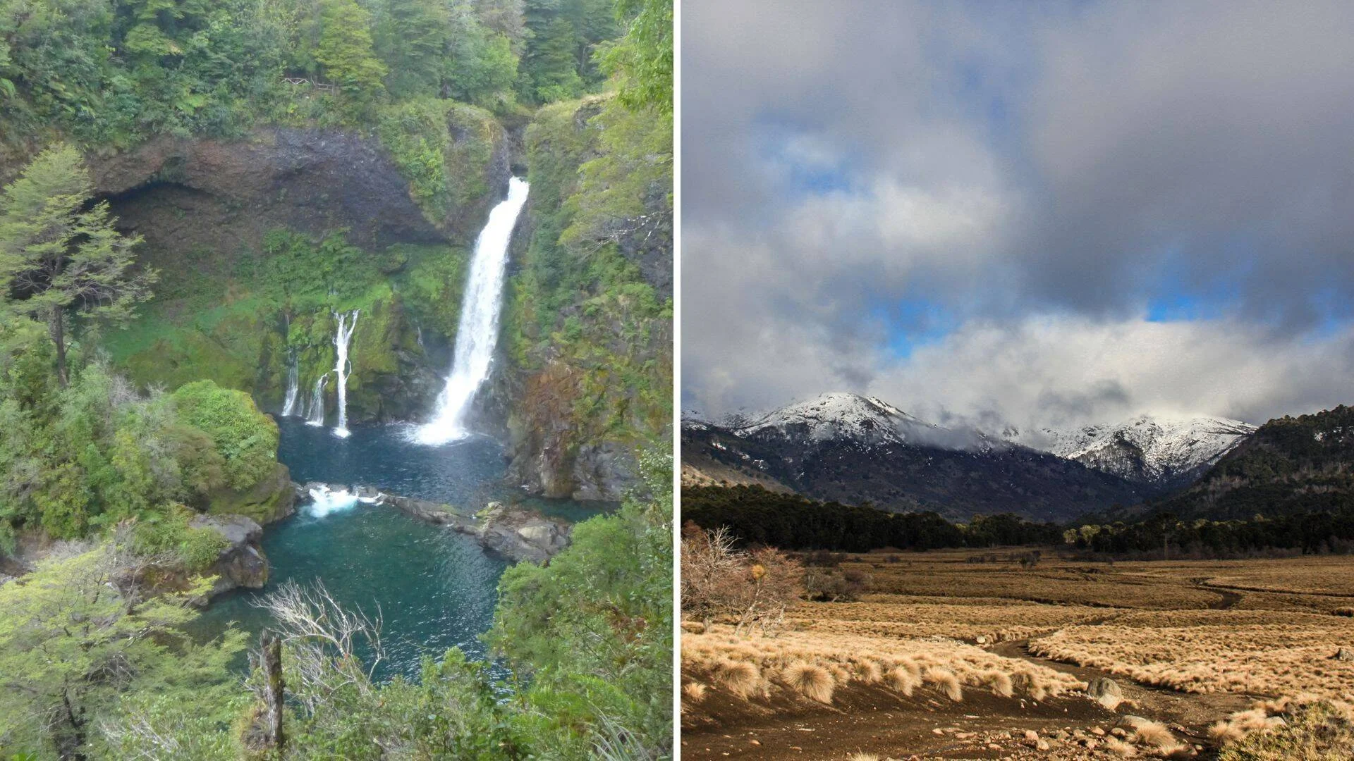Collage con una cascada que cae en una laguna verde rodeada de bosque nativo, y una estepa con montañas nevadas bajo nubes.