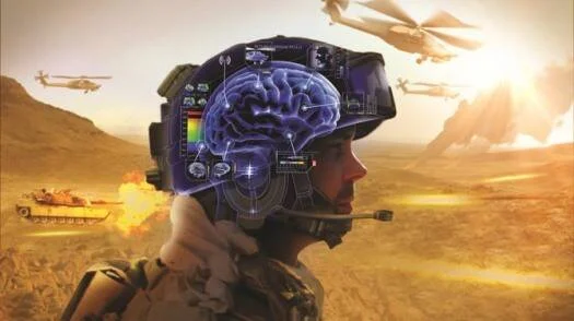 Ilustración conceptual de un soldado con casco militar equipado con tecnología de interfaz cerebral digital en campo de batalla.