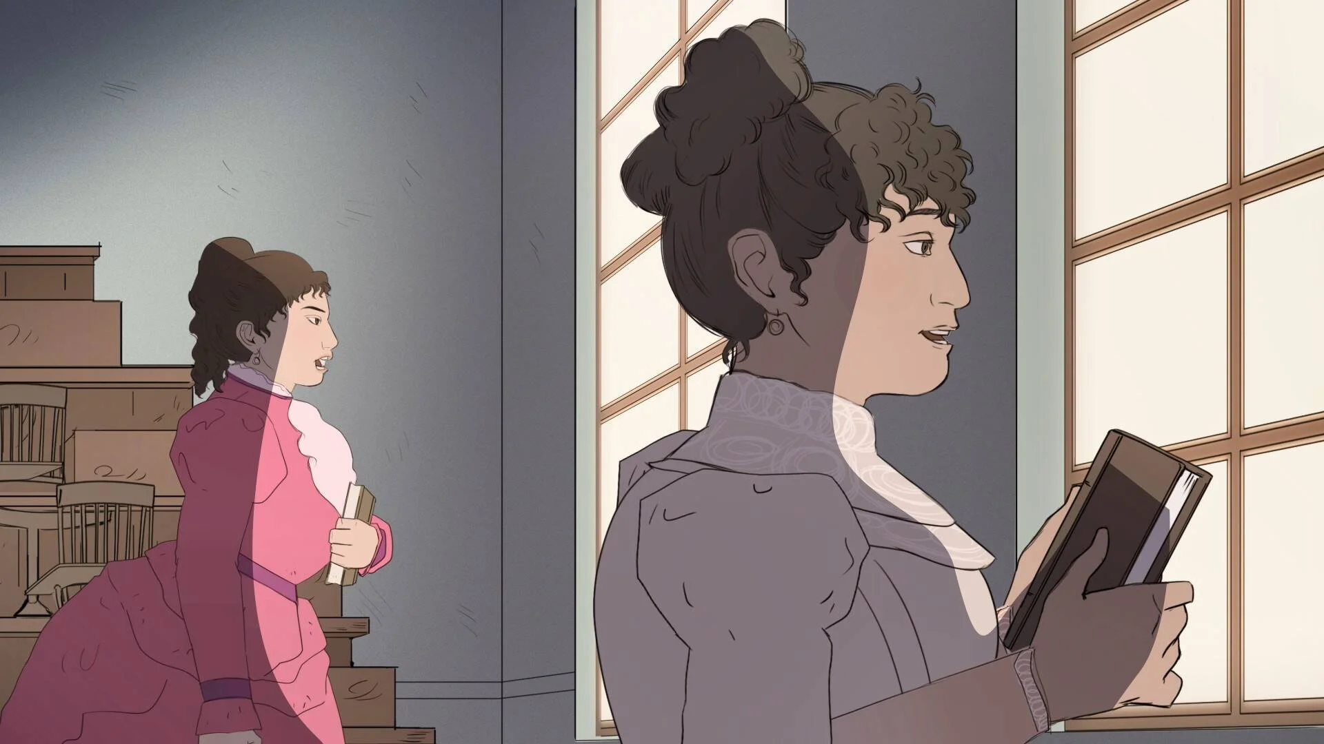 Dos mujeres ilustradas con vestimentas de época: una sostiene un libro junto a una ventana y otra sube una escalera cargando papeles.