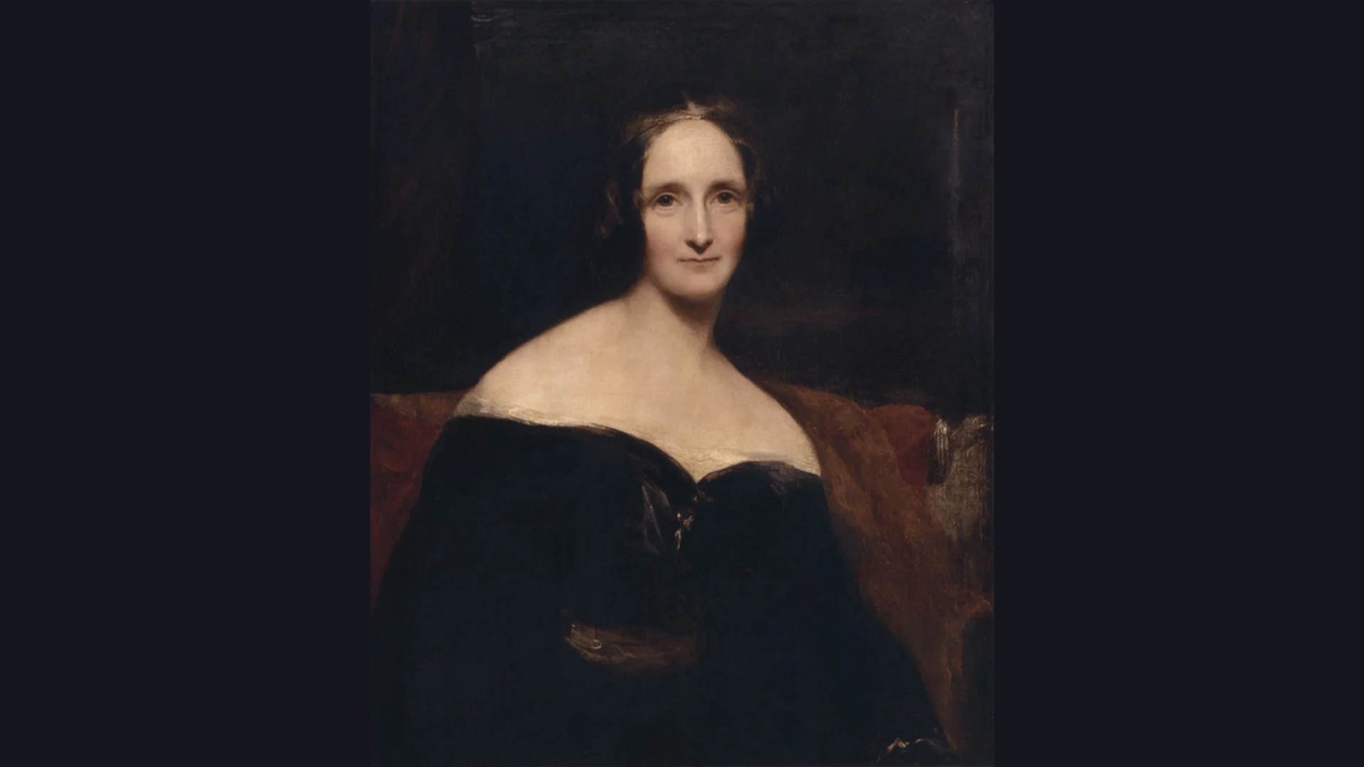 Pintura al óleo de una mujer con vestido negro escotado y cabello recogido, estilo retrato clásico del siglo XIX.