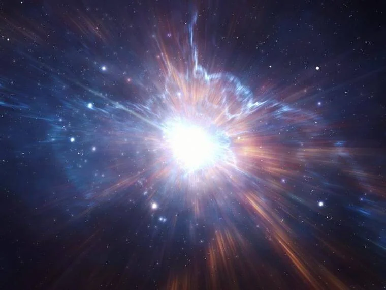 Ilustración artística de una explosión estelar con destellos de luz azul y naranja expandiéndose en el espacio.