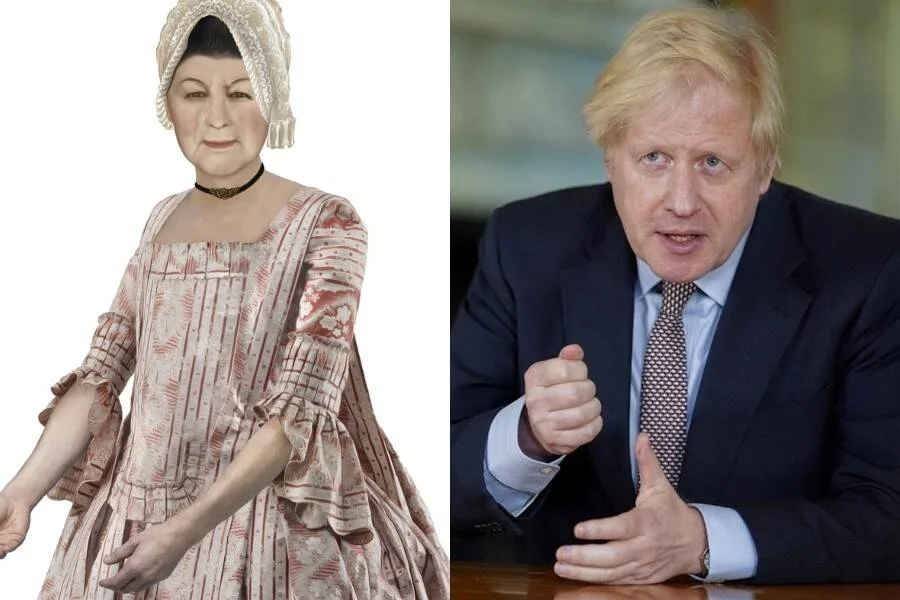 Montaje con una figura vestida con traje colonial del siglo XVIII y un hombre con traje oscuro y corbata gesticulando en una mesa.