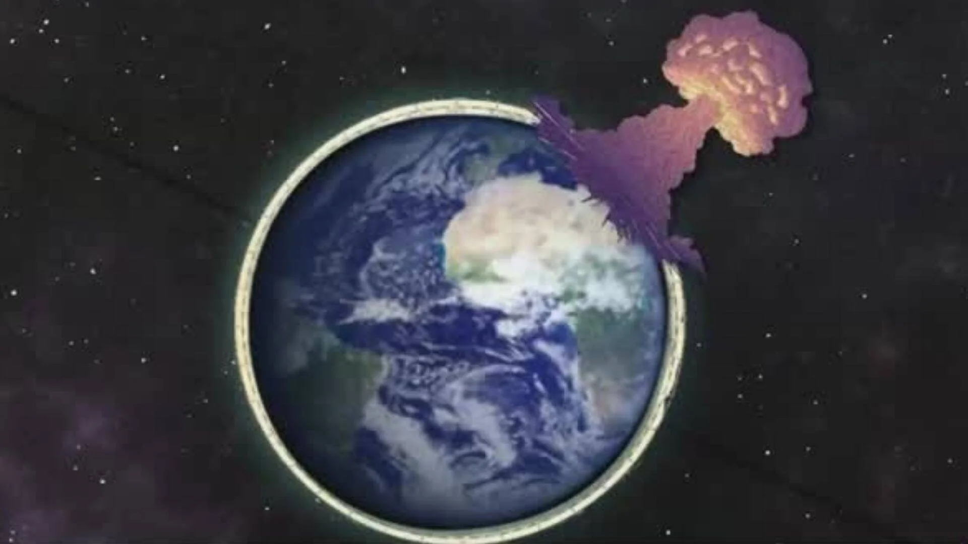 Ilustración digital de la Tierra vista desde el espacio con una gran explosión en forma de hongo nuclear emergiendo de su superficie.