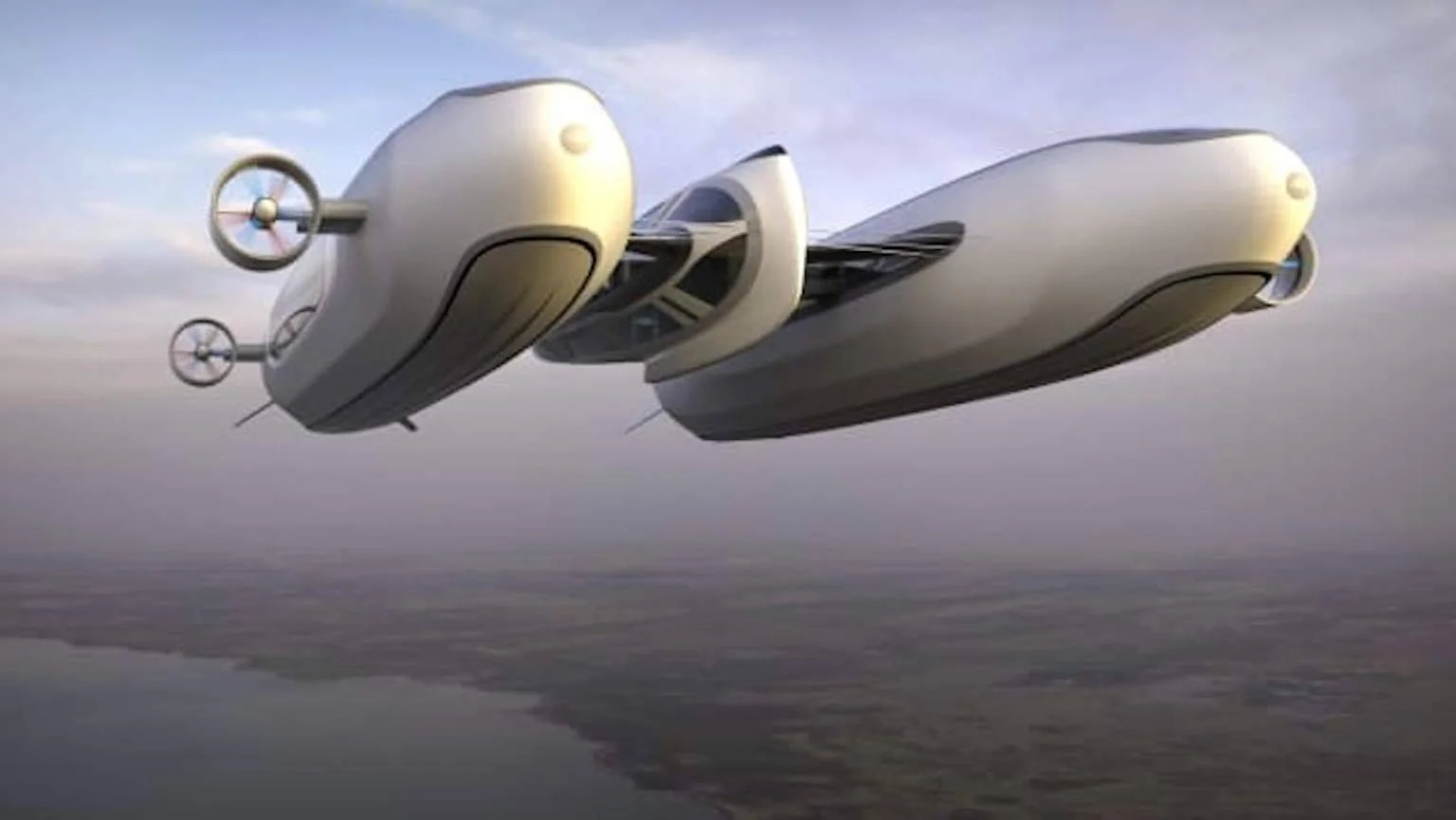 Render de un vehículo aéreo futurista de diseño orgánico plateado con hélices, sobrevolando un paisaje a gran altitud.
