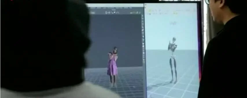 Dos personas observan una pantalla con un modelo femenino en vestido rosa renderizado en software de animación 3D.