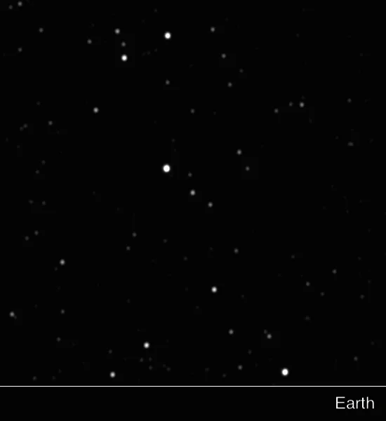 Campo de estrellas sobre fondo negro con la etiqueta 'Earth', simulando el cielo nocturno observado desde la Tierra.