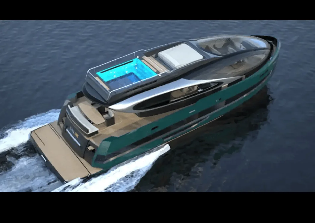 Render de concepto de yate de lujo color verde con jacuzzi transparente en cubierta superior navegando a alta velocidad.