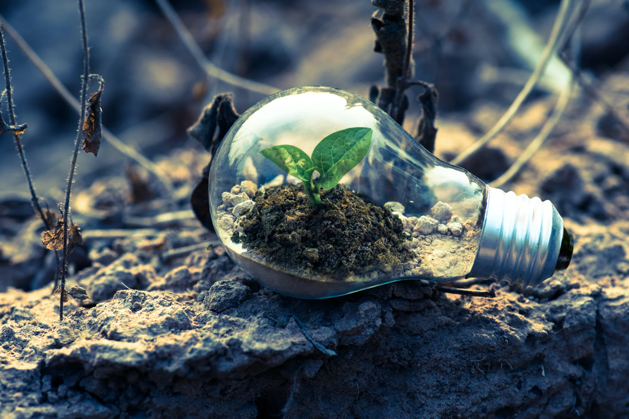 Una pequeña planta verde crece en tierra dentro de una bombilla de vidrio apoyada sobre suelo seco y agrietado, simbolizando la esperanza y la energía sostenible.