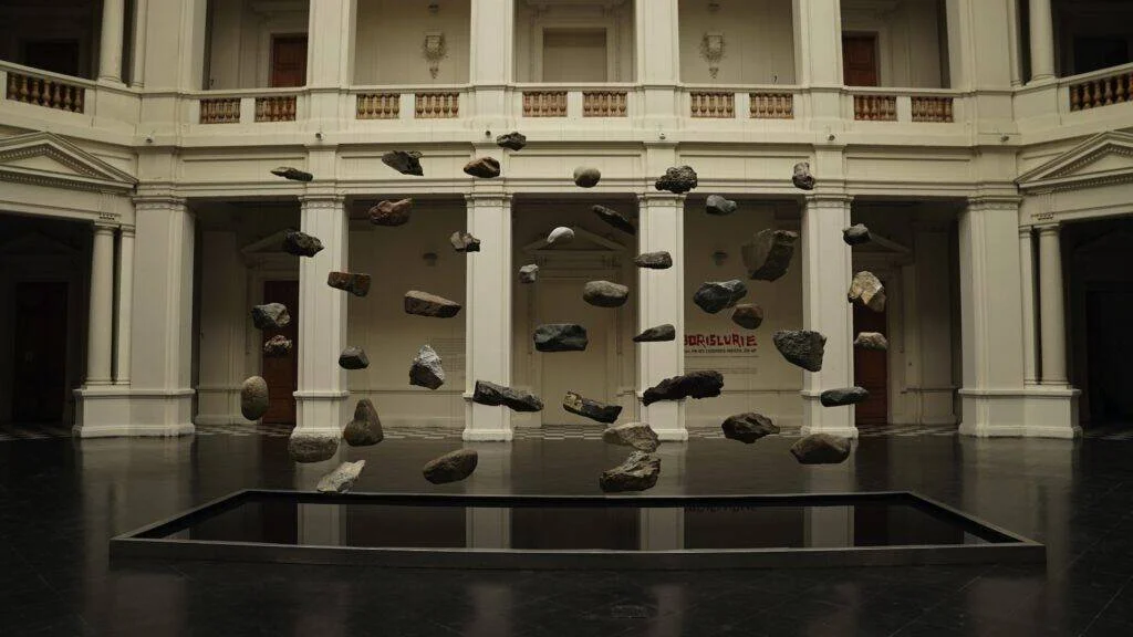 Decenas de rocas flotando en el aire sobre un estanque negro en el interior de un museo de arquitectura neoclásica.