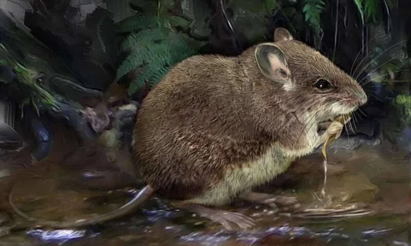 Ilustración de un ratón silvestre de pelaje pardo junto a un arroyo, rodeado de vegetación, comiendo algo.