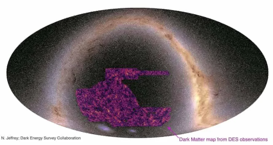 Mapa de materia oscura del Dark Energy Survey superpuesto sobre una imagen panorámica de la Vía Láctea.