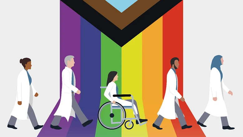 Ilustración de cinco profesionales de salud diversos, incluyendo una persona en silla de ruedas, caminando sobre los colores de la bandera del orgullo.