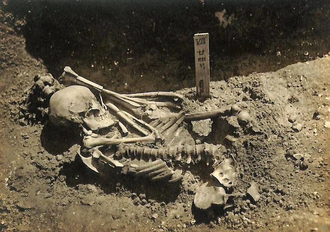 Esqueleto humano completo en posición flexionada hallado durante una excavación arqueológica, con marcador de identificación junto a los restos.