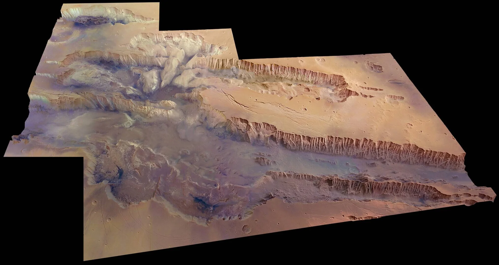 Imagen orbital en perspectiva 3D del sistema de cañones Valles Marineris en Marte, con acantilados y valles de tonos ocres y violáceos.