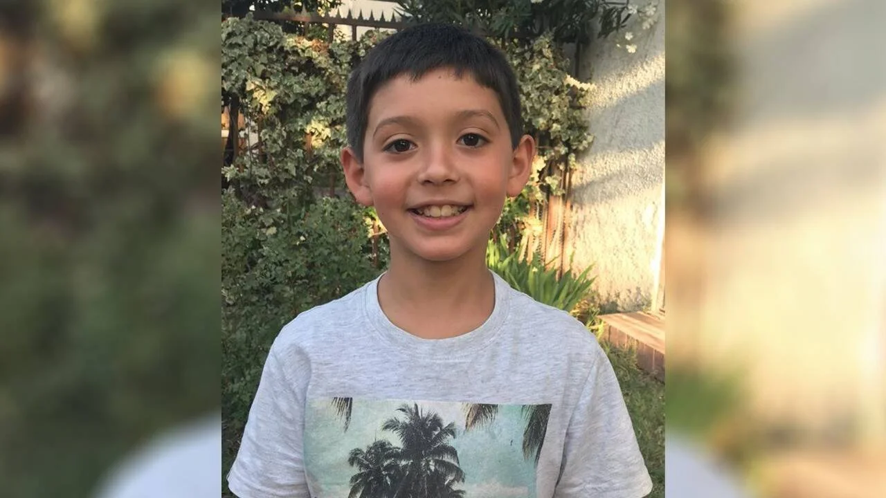 Niño de aproximadamente 8 años con cabello oscuro y remera gris sonríe frente a un jardín con vegetación.