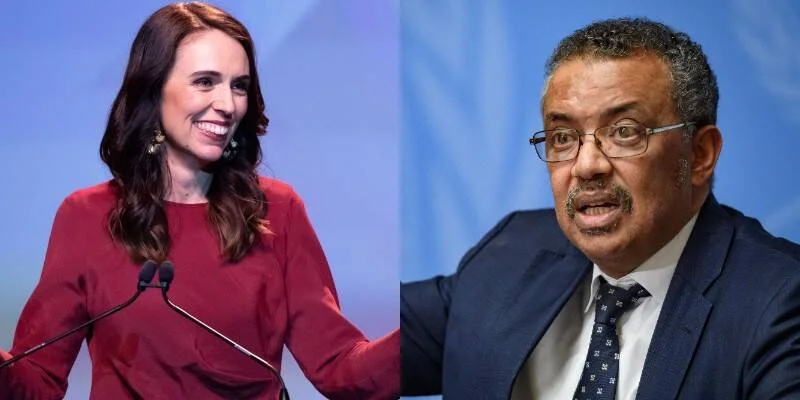 Composición de dos personas: una mujer sonriente hablando en un podio y un hombre con traje azul en una conferencia de prensa.