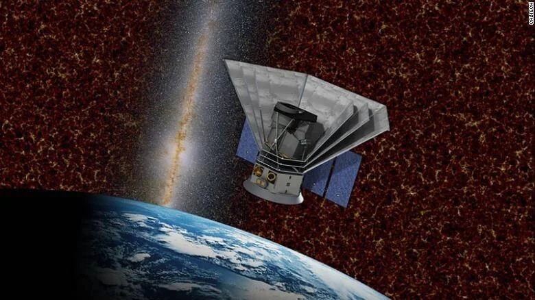 Ilustración artística de un telescopio espacial orbitando la Tierra con la Vía Láctea y el fondo cósmico de microondas visibles.