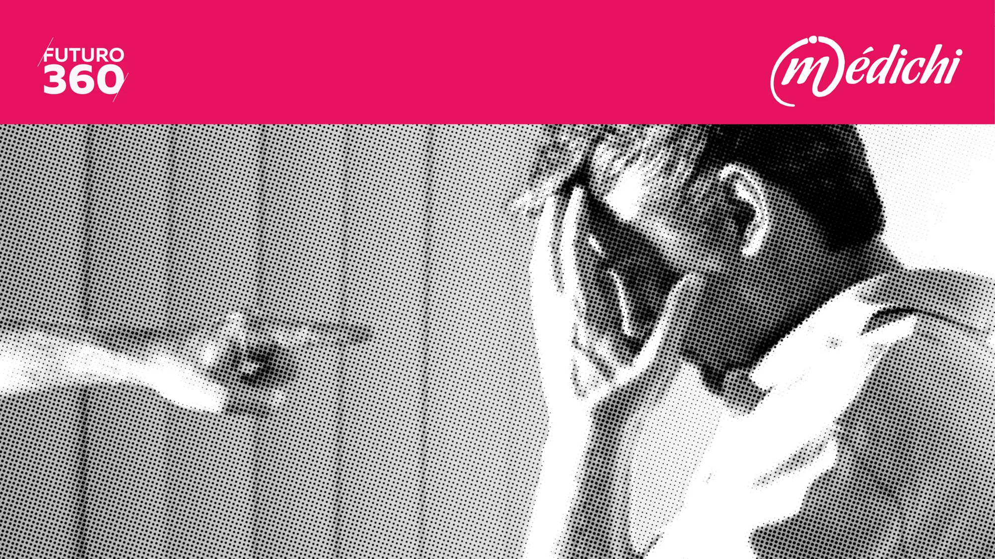 Persona con las manos en la cabeza en actitud de estrés o agotamiento, en imagen estilizada blanco y negro con logos de Futuro 360 y Médichi.