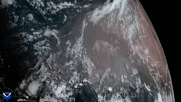 Imagen satelital de la NOAA que muestra el océano Pacífico con formaciones nubosas y la costa occidental de América en penumbra.