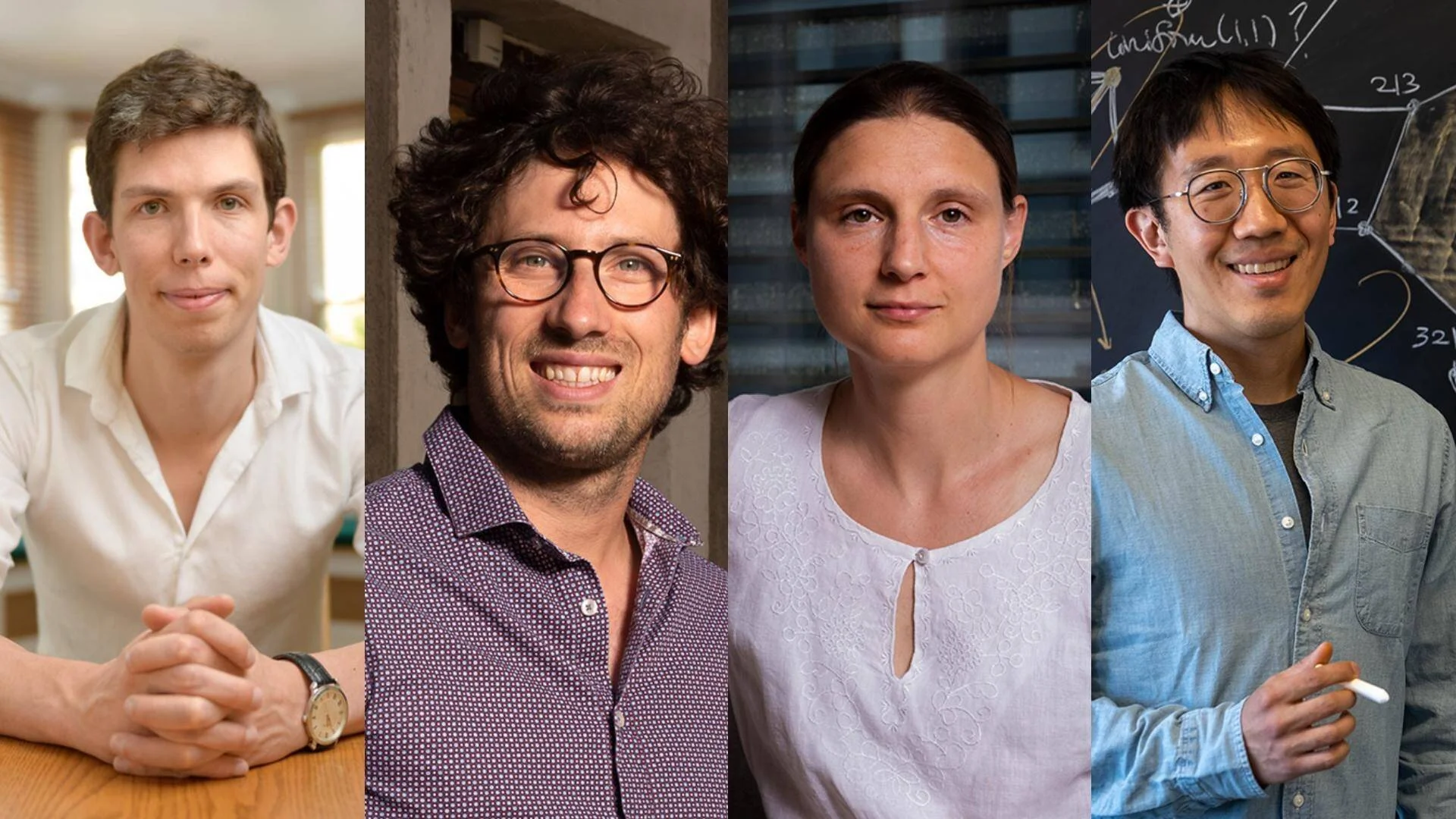 Retratos de cuatro personas: dos hombres jóvenes, una mujer y un hombre con gafas frente a una pizarra con fórmulas matemáticas.