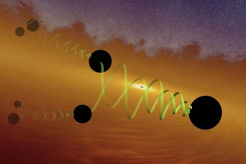 Ilustración artística de dos agujeros negros fusionándose y emitiendo ondas gravitacionales representadas como una espiral verde.