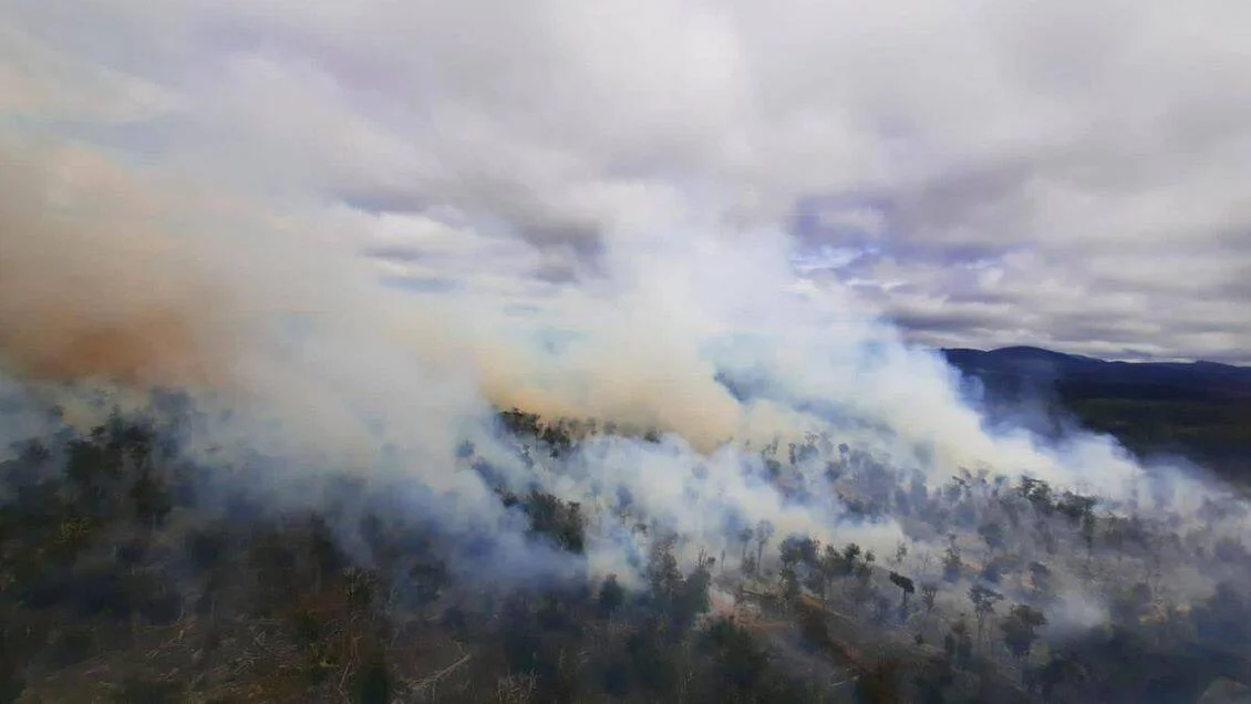 Vista aérea de un extenso incendio forestal con columnas de humo blanco y amarillo cubriendo una zona boscosa montañosa.