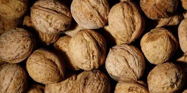 Conjunto de nueces enteras con cáscara marrón apiladas, vistas desde arriba.