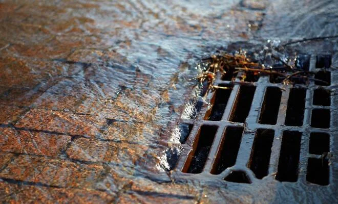 Agua de lluvia corre sobre adoquines mojados y se drena a través de una rejilla metálica en la calle.