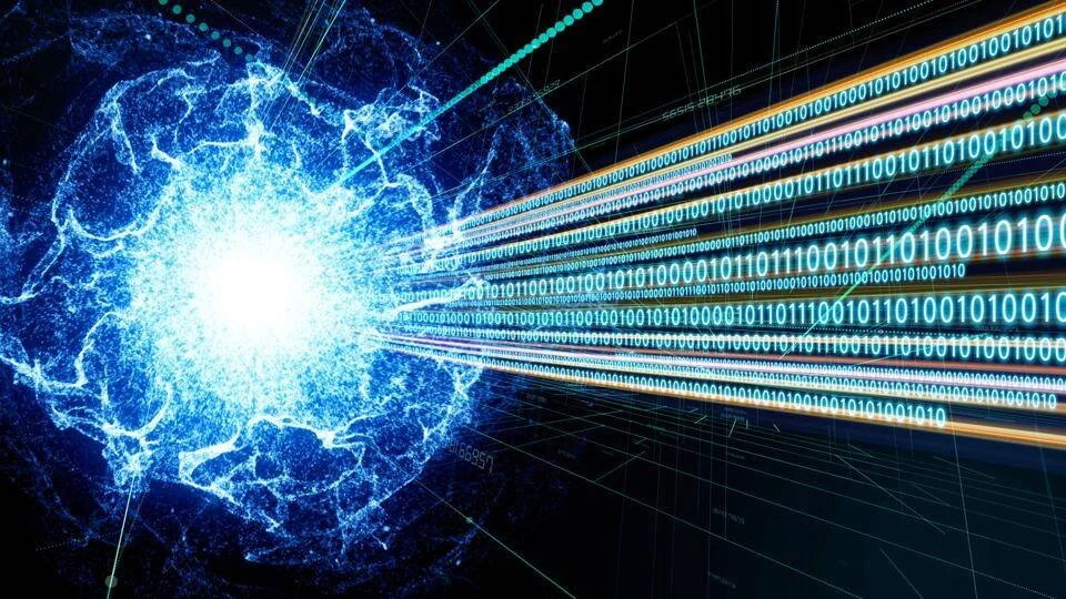 Ilustración digital de una esfera de energía azul emitiendo flujos de código binario sobre fondo oscuro, simbolizando procesamiento de datos.