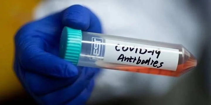Mano con guante azul sostiene un tubo de ensayo etiquetado 'COVID-19 Antibodies' con muestra rojiza en su interior.