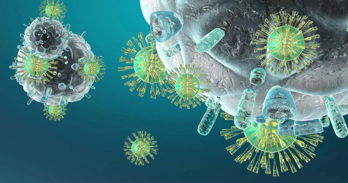 Representación tridimensional de partículas virales con espículas amarillas y verdes aproximándose a una célula huésped.