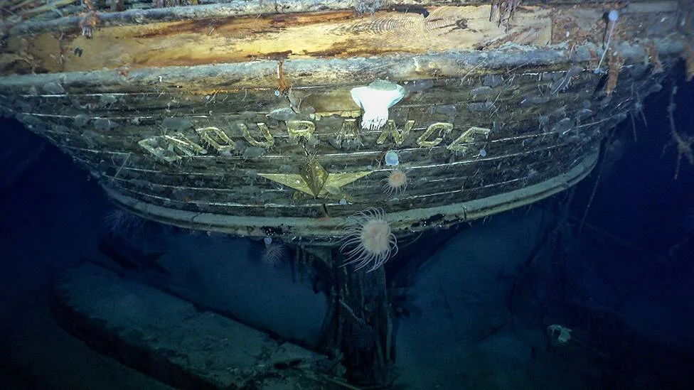 Popa del naufragio del Endurance en el lecho oceánico, con el nombre visible y organismos marinos adheridos al casco.