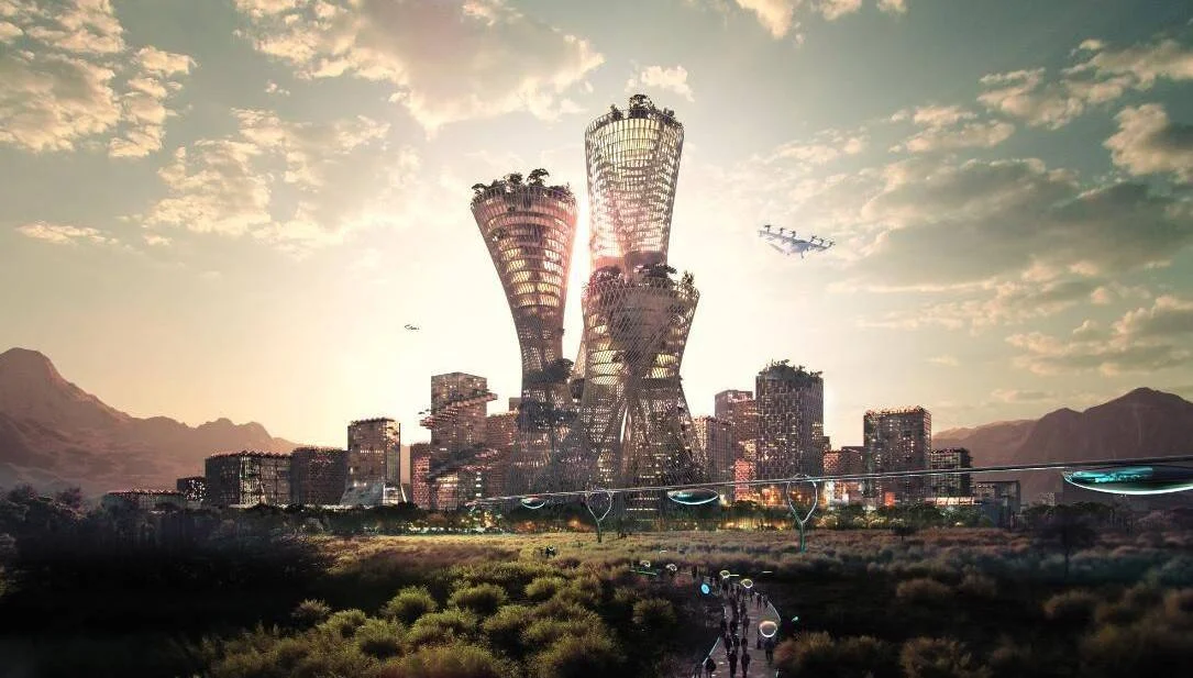 Renderizado arquitectónico de una ciudad futurista con torres helicoidales, vegetación integrada, vehículos aéreos autónomos y paseo peatonal iluminado.