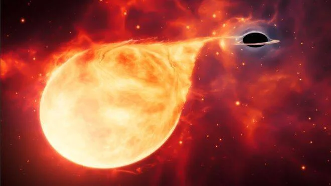 Ilustración artística de un agujero negro atrayendo y consumiendo materia de una estrella cercana en el espacio.