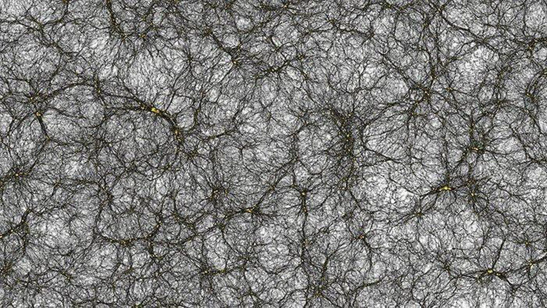 Simulación computacional de la estructura a gran escala del universo, mostrando filamentos de materia oscura interconectados en una red cósmica.