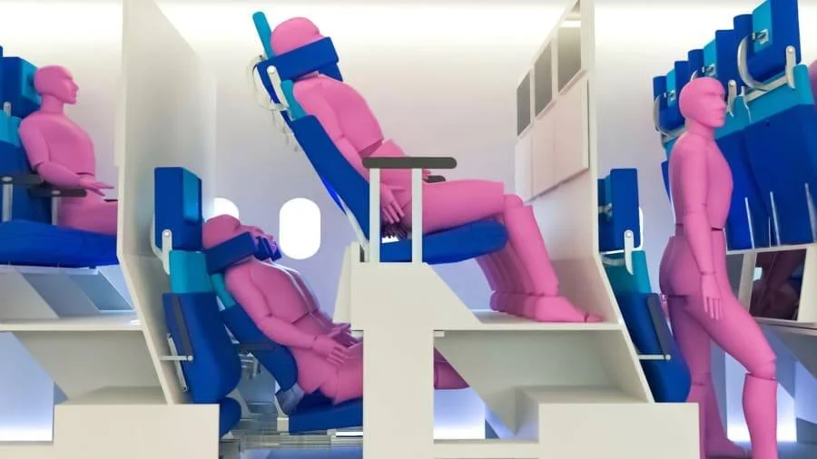 Render conceptual de cabina de avión con asientos en dos niveles y maniquíes rosados mostrando distintas posiciones de pasajeros.