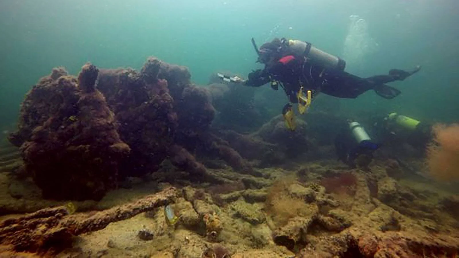 Buzo con equipo de buceo examina una gran formación rocosa cubierta de organismos marinos en el fondo del mar.