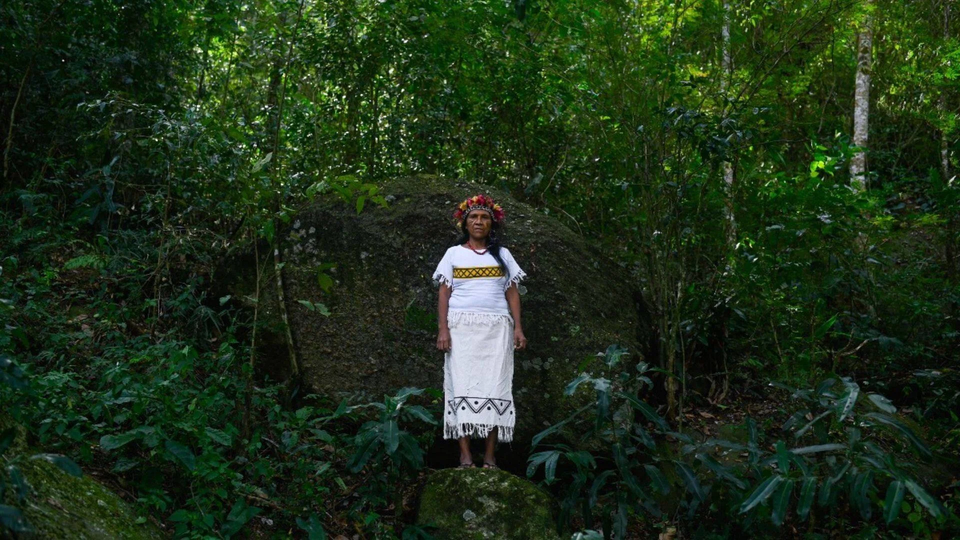 Mujer indígena vestida de blanco con tocado de flores posa sobre una roca en medio de una densa selva tropical.