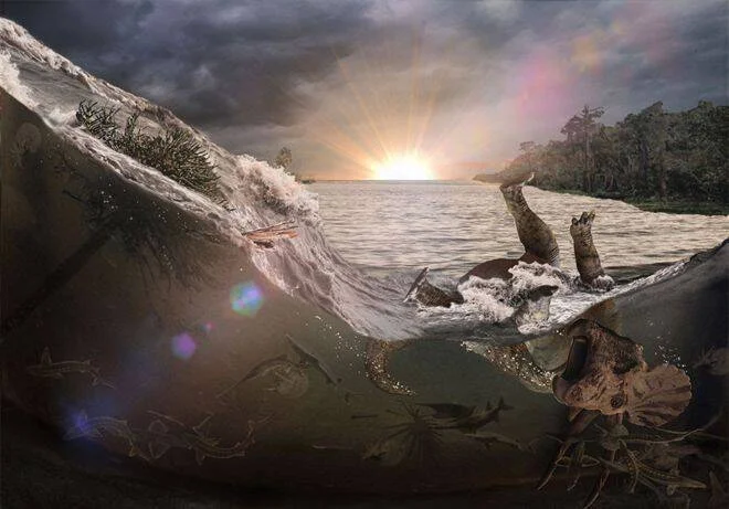 Recreación artística del impacto del asteroide que extinguió a los dinosaurios, mostrando un tsunami con animales prehistóricos arrastrados bajo el agua.