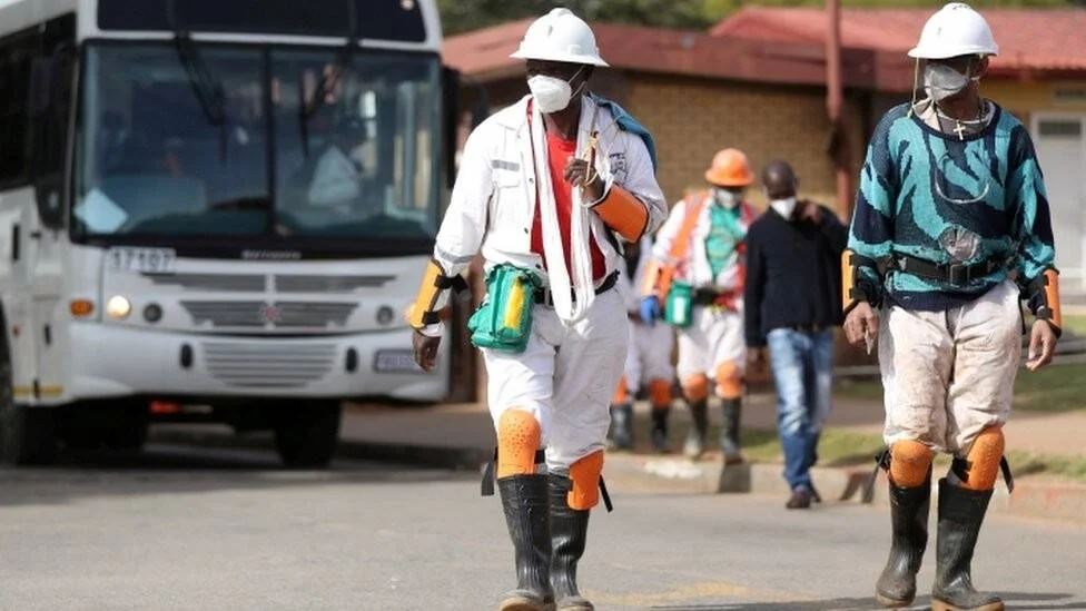 Grupo de trabajadores con cascos blancos, mascarillas, botas de goma y overoles caminan frente a un autobús en una zona industrial.