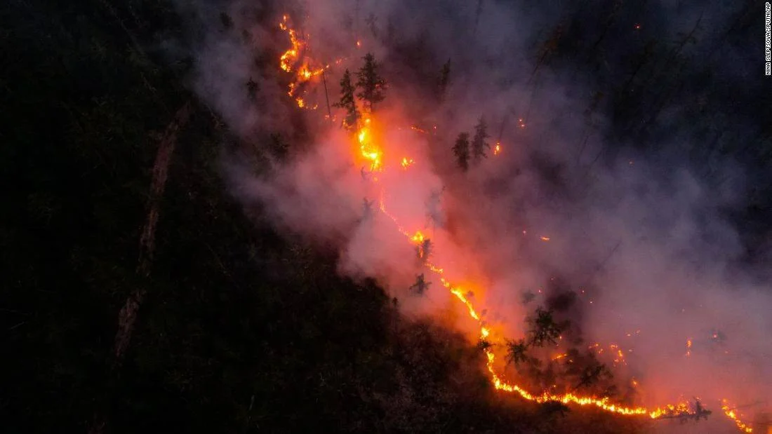 Líneas de fuego y humo denso consumen una ladera boscosa durante un incendio forestal, fotografiado desde el aire de noche.
