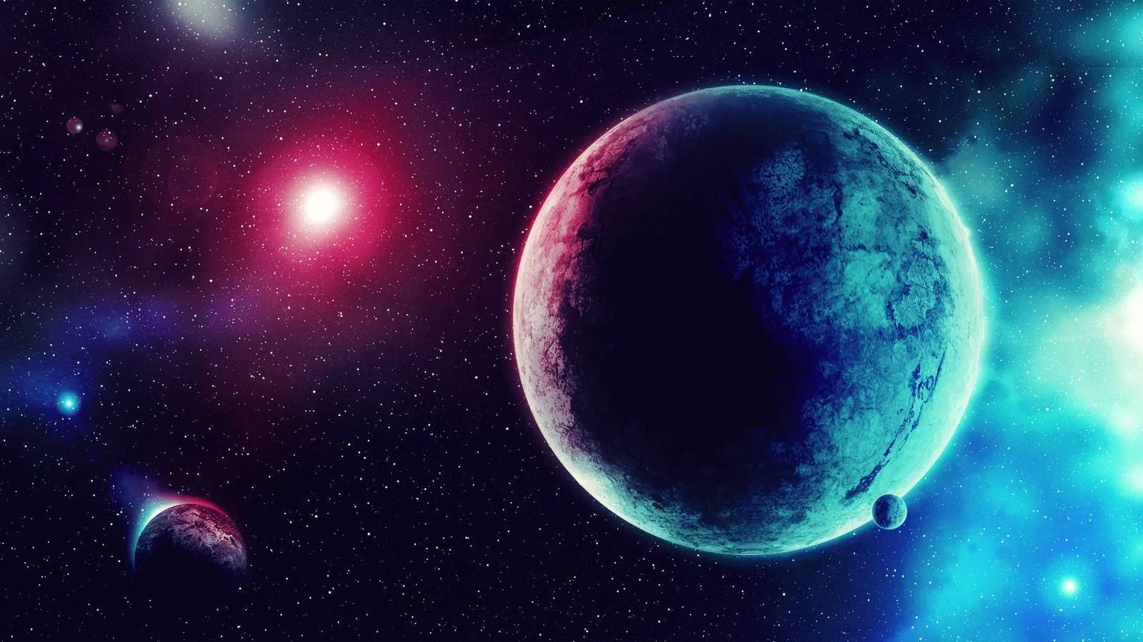 Ilustración digital de un gran planeta rocoso iluminado por luces roja y turquesa, rodeado de estrellas y nebulosas en el espacio exterior.