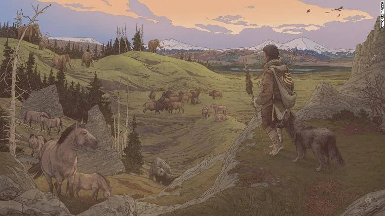 Ilustración que recrea la vida prehistórica: un cazador con un perro observa un paisaje con mamuts, caballos salvajes y bisontes en una llanura glacial.