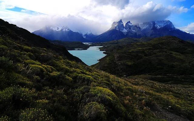 Lago de aguas turquesas rodeado de vegetación patagónica y montañas nevadas con nubes en Torres del Paine, Chile.