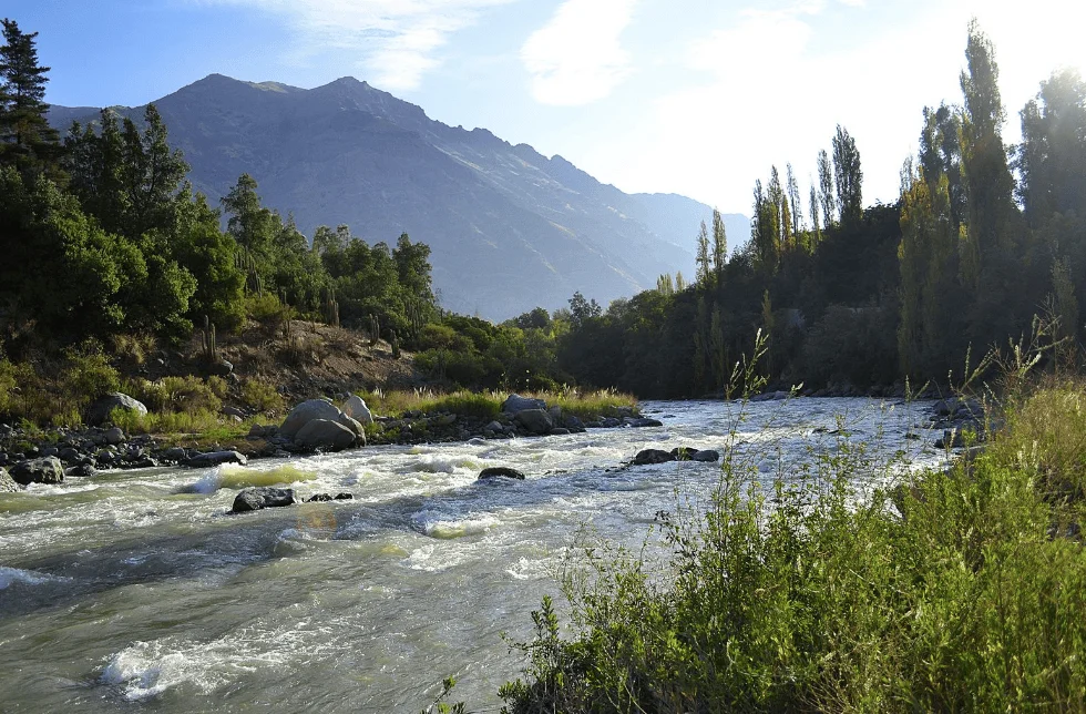 Río de aguas rápidas con rocas rodeado de vegetación y una montaña al fondo bajo cielo despejado.
