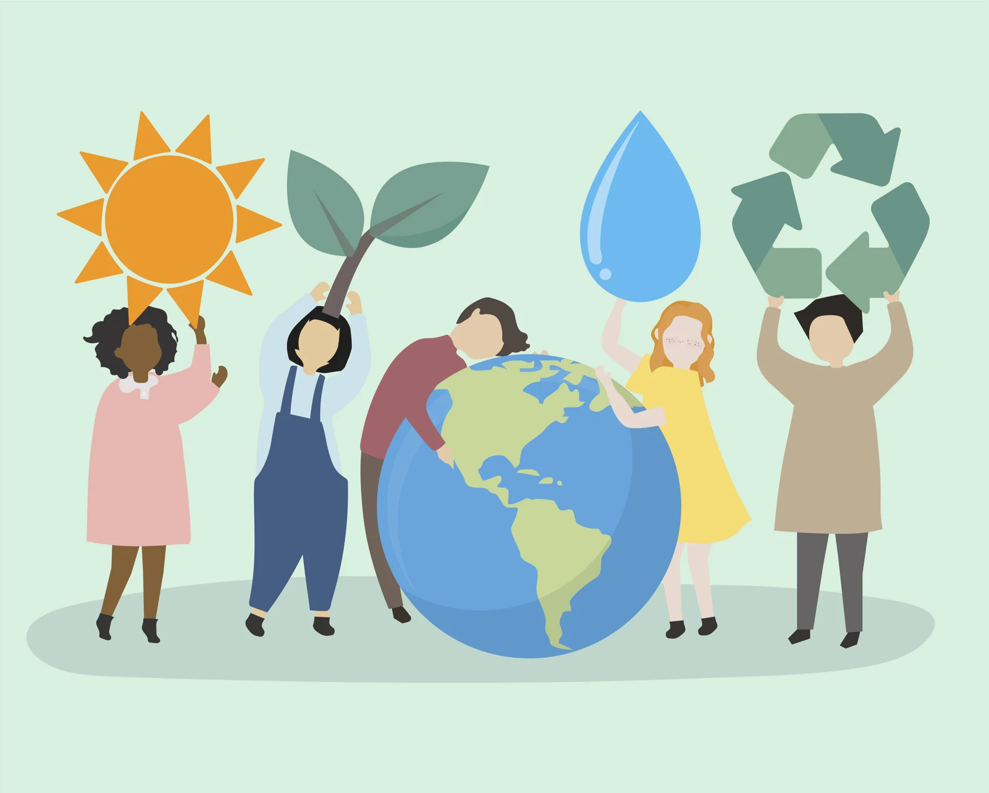 Personas diversas sostienen símbolos ecológicos —sol, planta, gota de agua y reciclaje— alrededor de un globo terráqueo, representando el cuidado del medio ambiente.