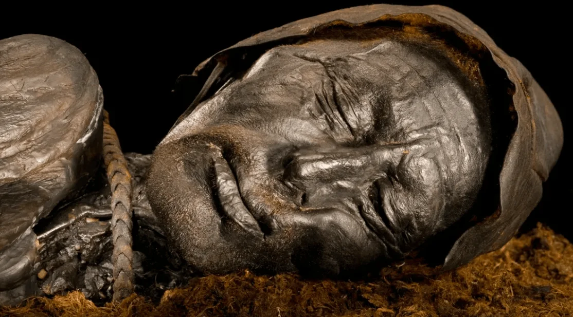 Rostro y cabeza de una momia de turbera extraordinariamente conservada, con piel oscura y arrugada, sobre fibras vegetales.