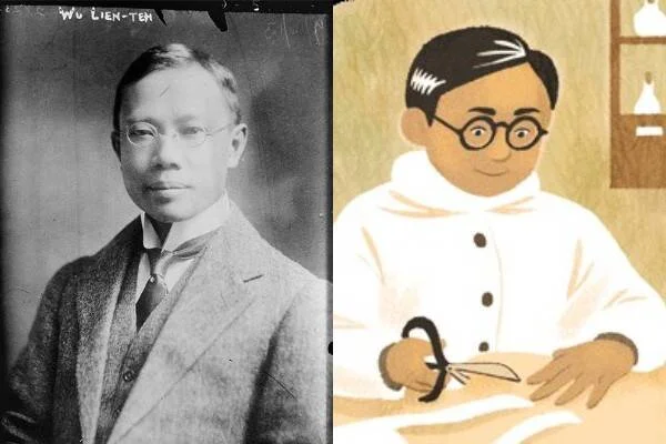 Fotografía en blanco y negro de Wu Lien-teh junto a una ilustración animada del médico con bata blanca y tijeras.