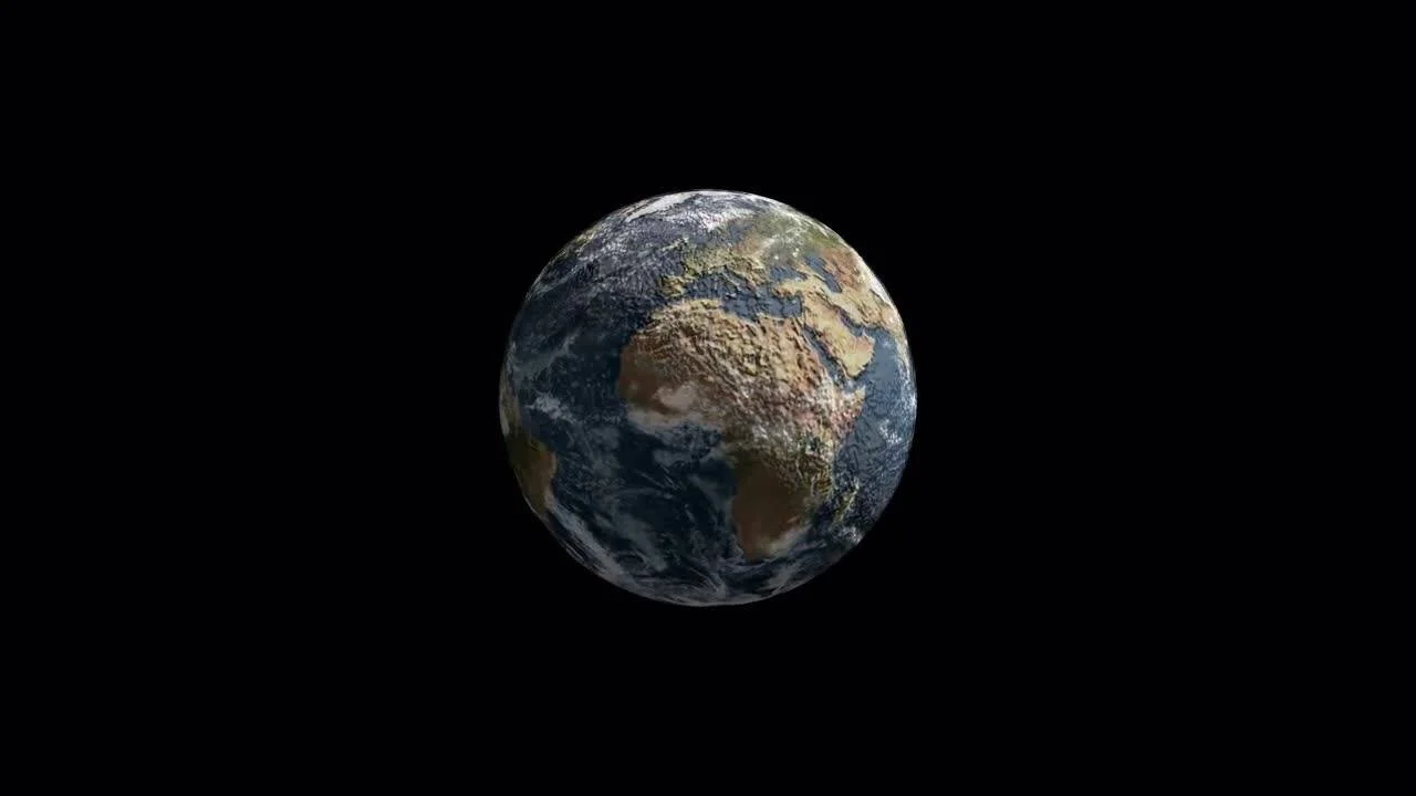 Renderizado 3D del planeta Tierra sobre fondo negro, mostrando África, Europa y los océanos.
