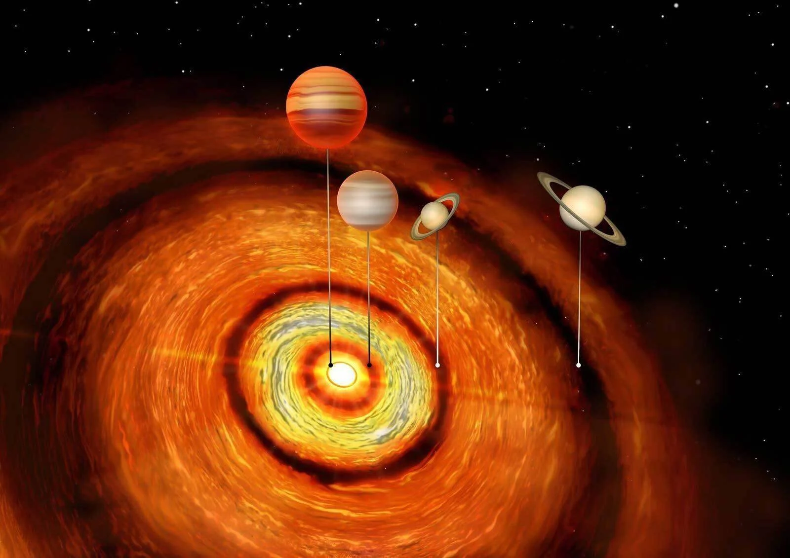 Ilustración artística de un disco protoplanetario en espiral con cuatro planetas gigantes gaseosos a distintas distancias de la estrella central.
